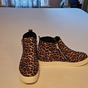 Womens Leopard Print Wedge Boots with 2 Side Zippers